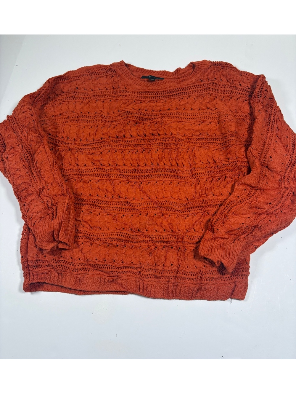 Cyrus Women’s Large Burnt Orange Cable Knit Openwork Sweater Boho Fall Pullover
